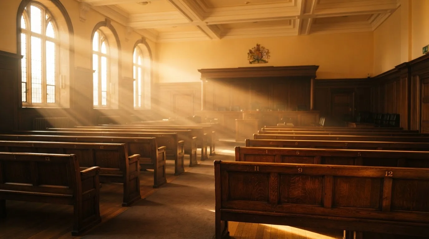 An empty courtroom with wooden benches in morning light
