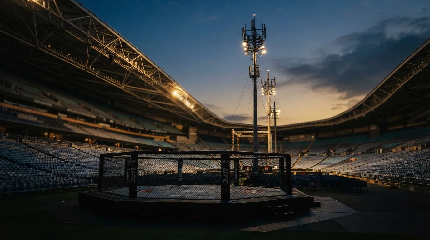 An empty football stadium with floodlight masts at dusk