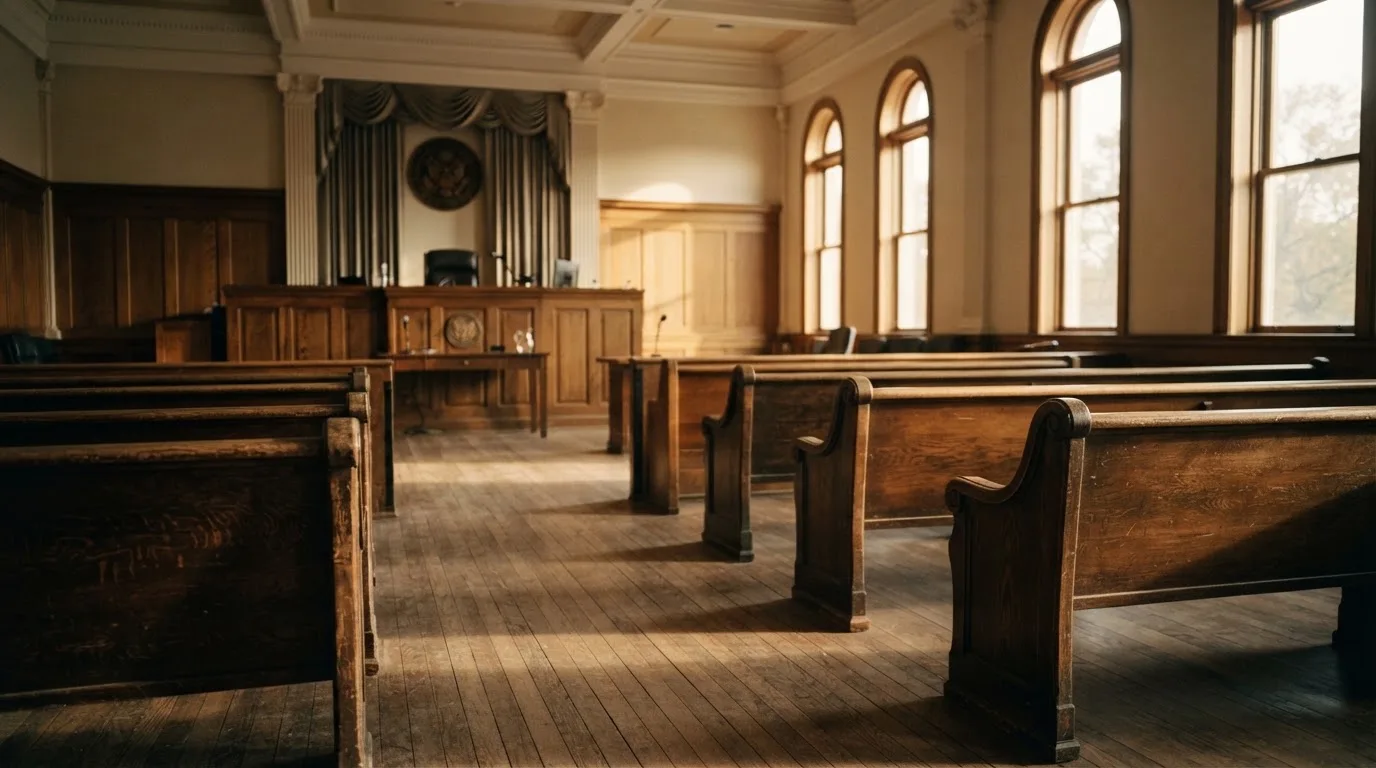 An empty courtroom with wooden benches in morning light