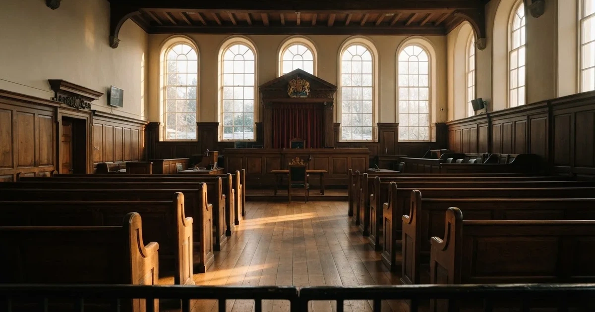 An empty courtroom with wooden benches in morning light