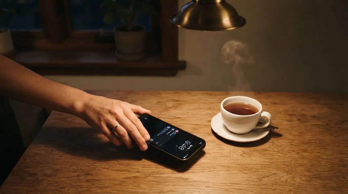 A hand setting a smartphone down beside a cup of tea on a kitchen table on a quiet evening