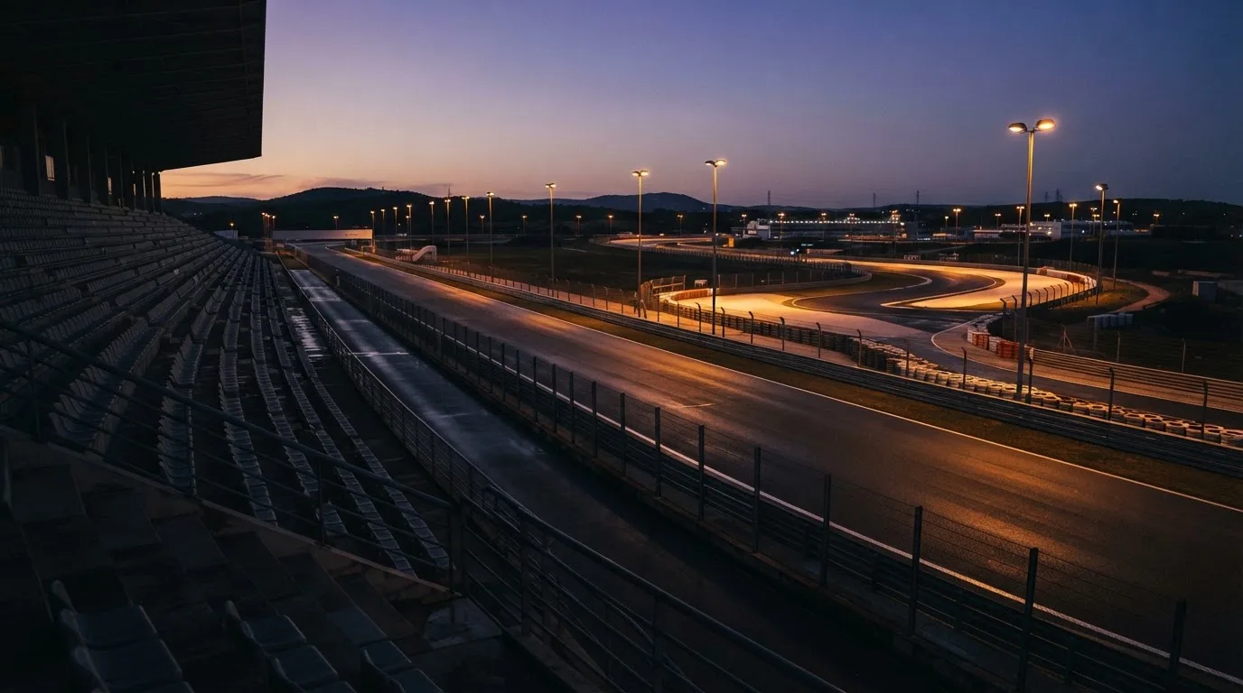 An empty football stadium with floodlight masts at dusk