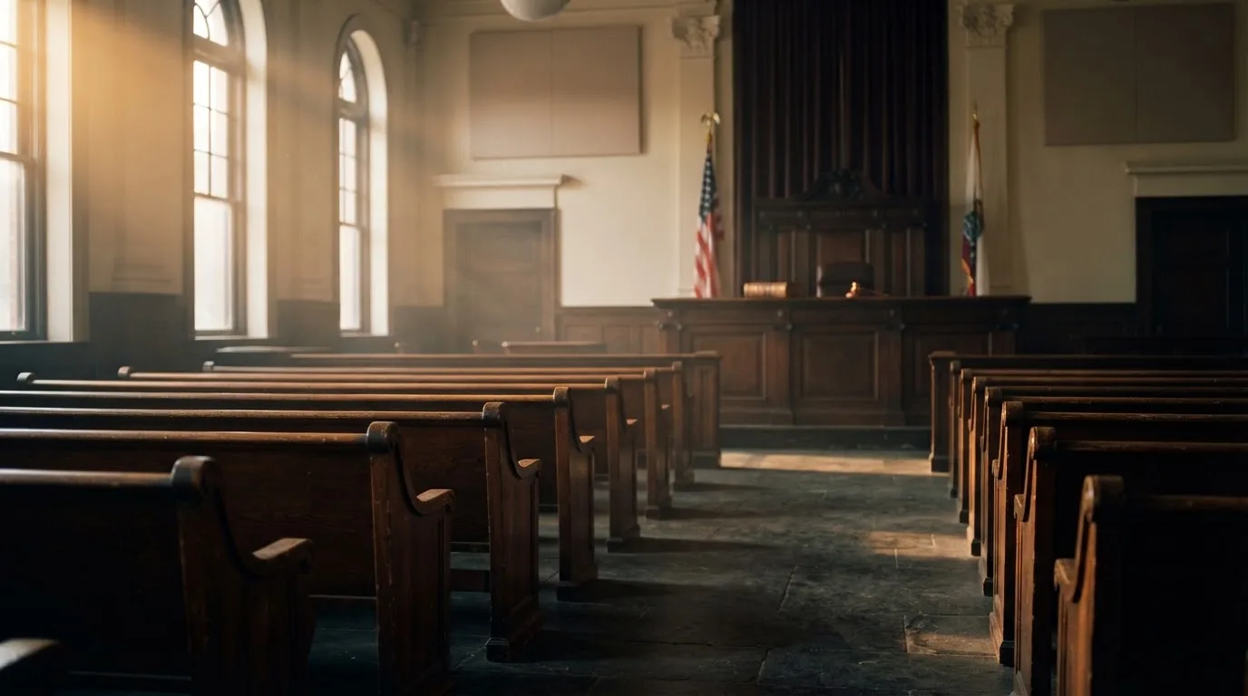 An empty courtroom with wooden benches in morning light