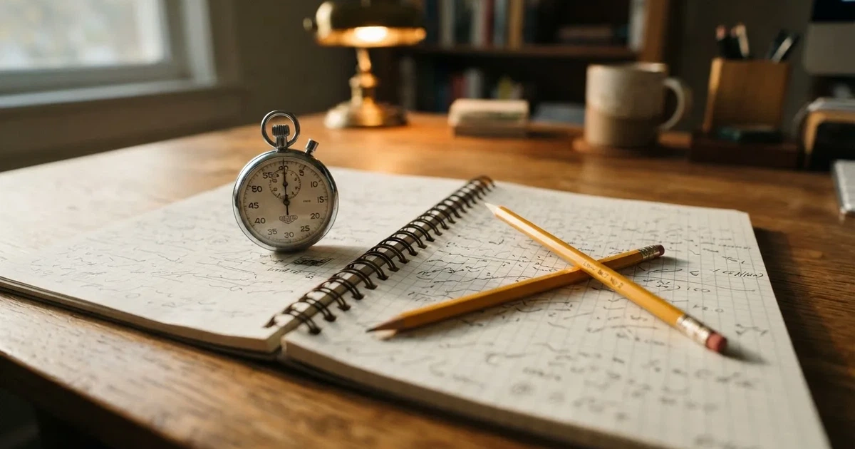 An open notebook with a pencil and a stopwatch on a wooden table