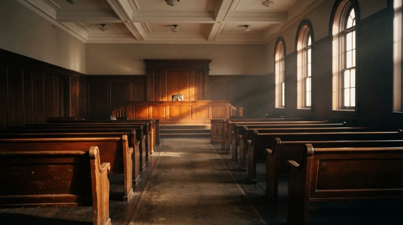 An empty courtroom with wooden benches in morning light