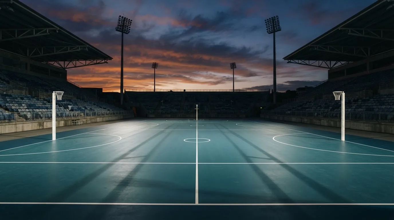 An empty football stadium with floodlight masts at dusk