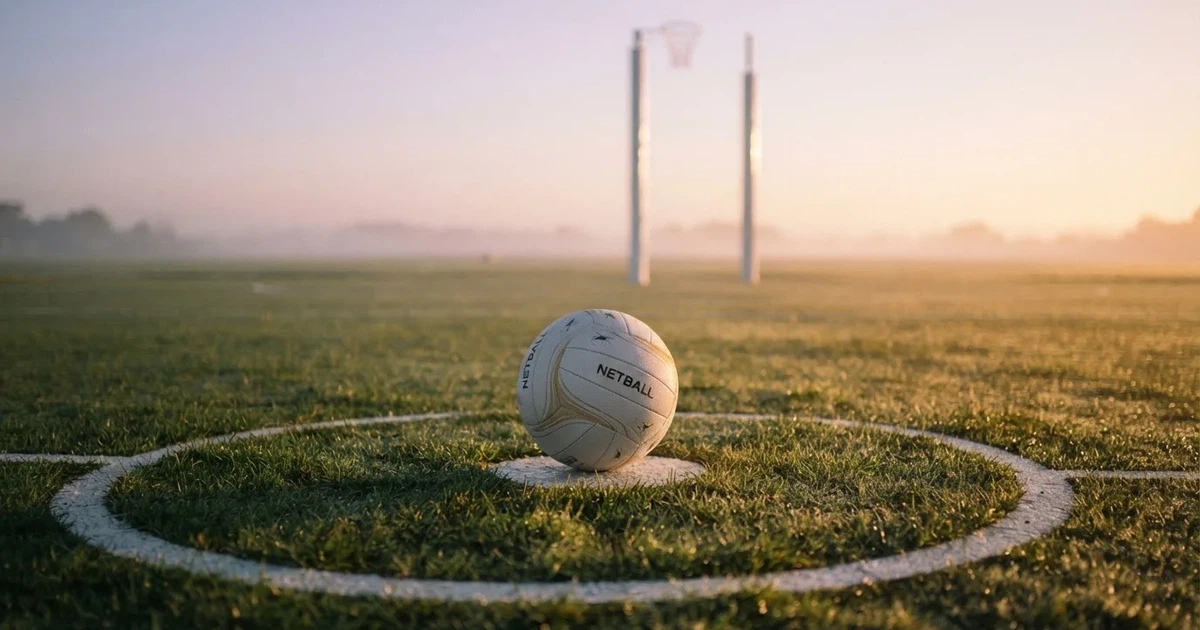 A ball on the centre spot of a grass pitch in morning light