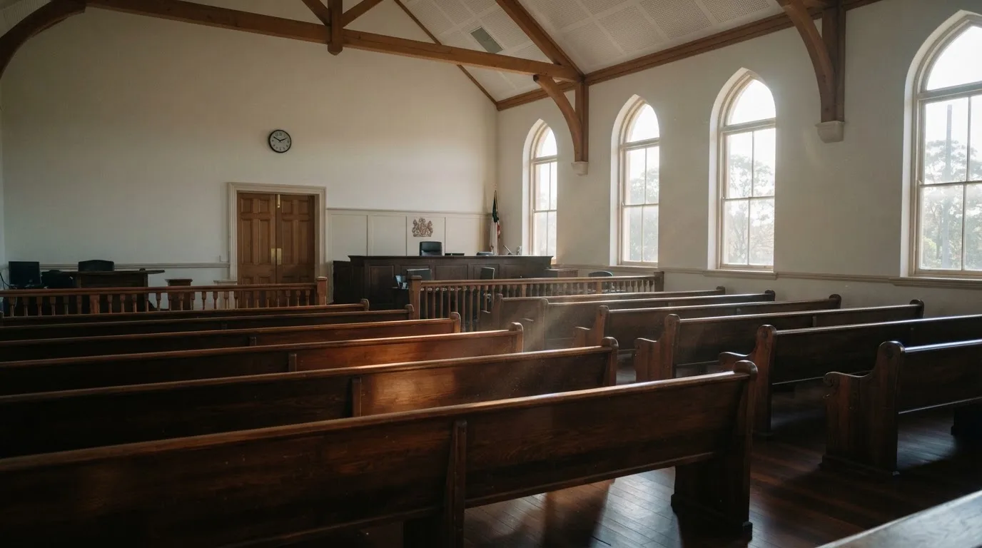 An empty courtroom with wooden benches in morning light