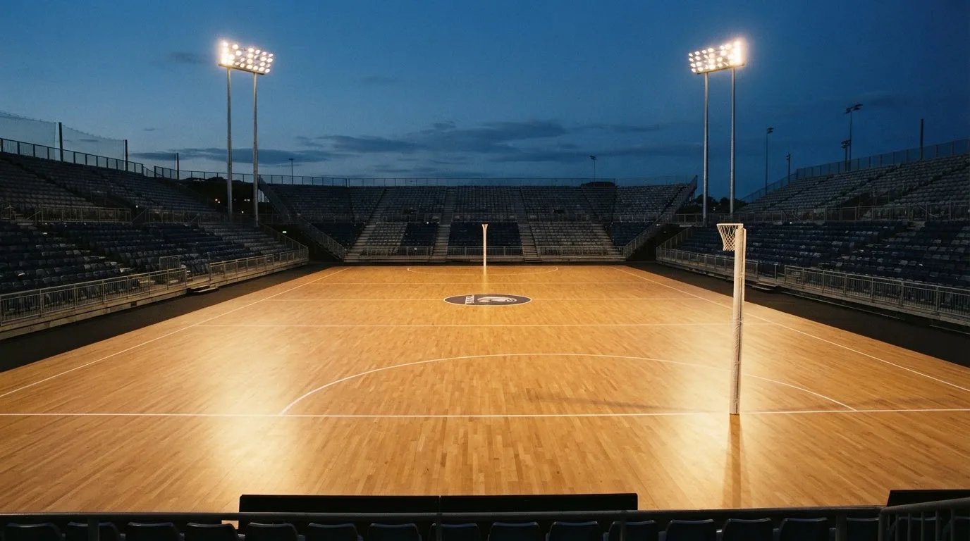 An empty football stadium with floodlight masts at dusk