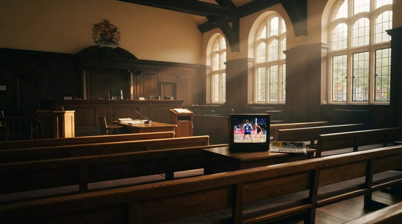 An empty courtroom with wooden benches in morning light