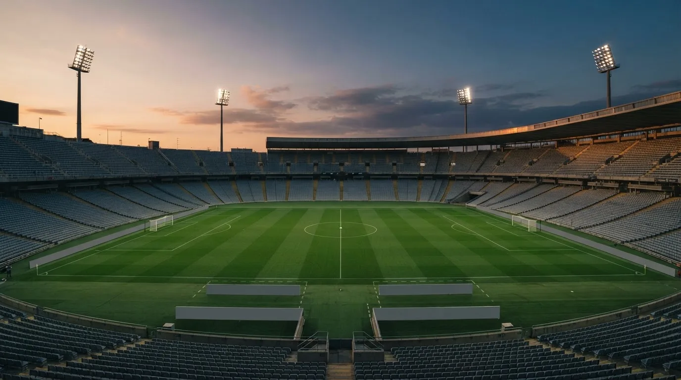 An empty football stadium with floodlight masts at dusk