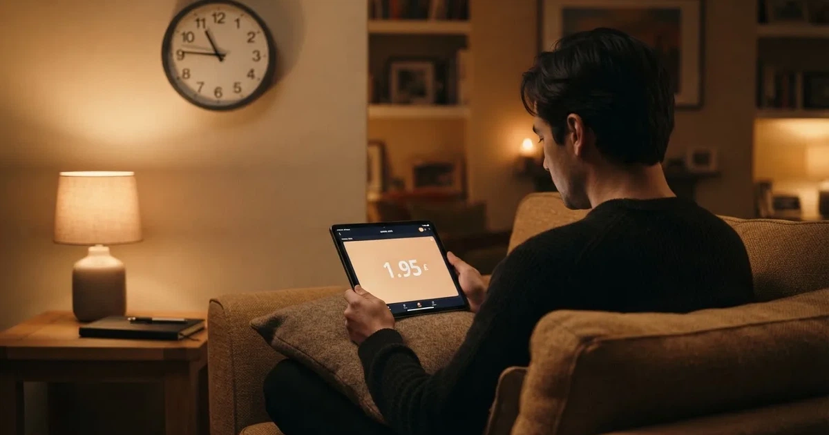 A person on a sofa looking thoughtfully at a tablet, a wall clock in the background