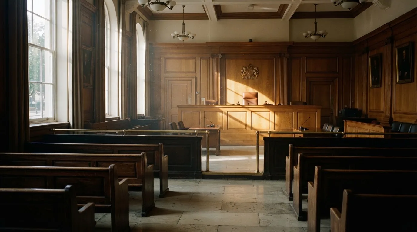 An empty courtroom with wooden benches in morning light