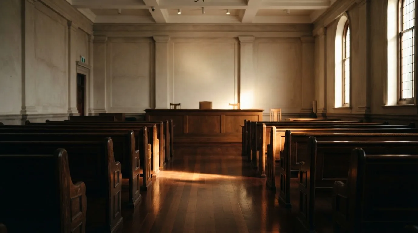 An empty courtroom with wooden benches in morning light
