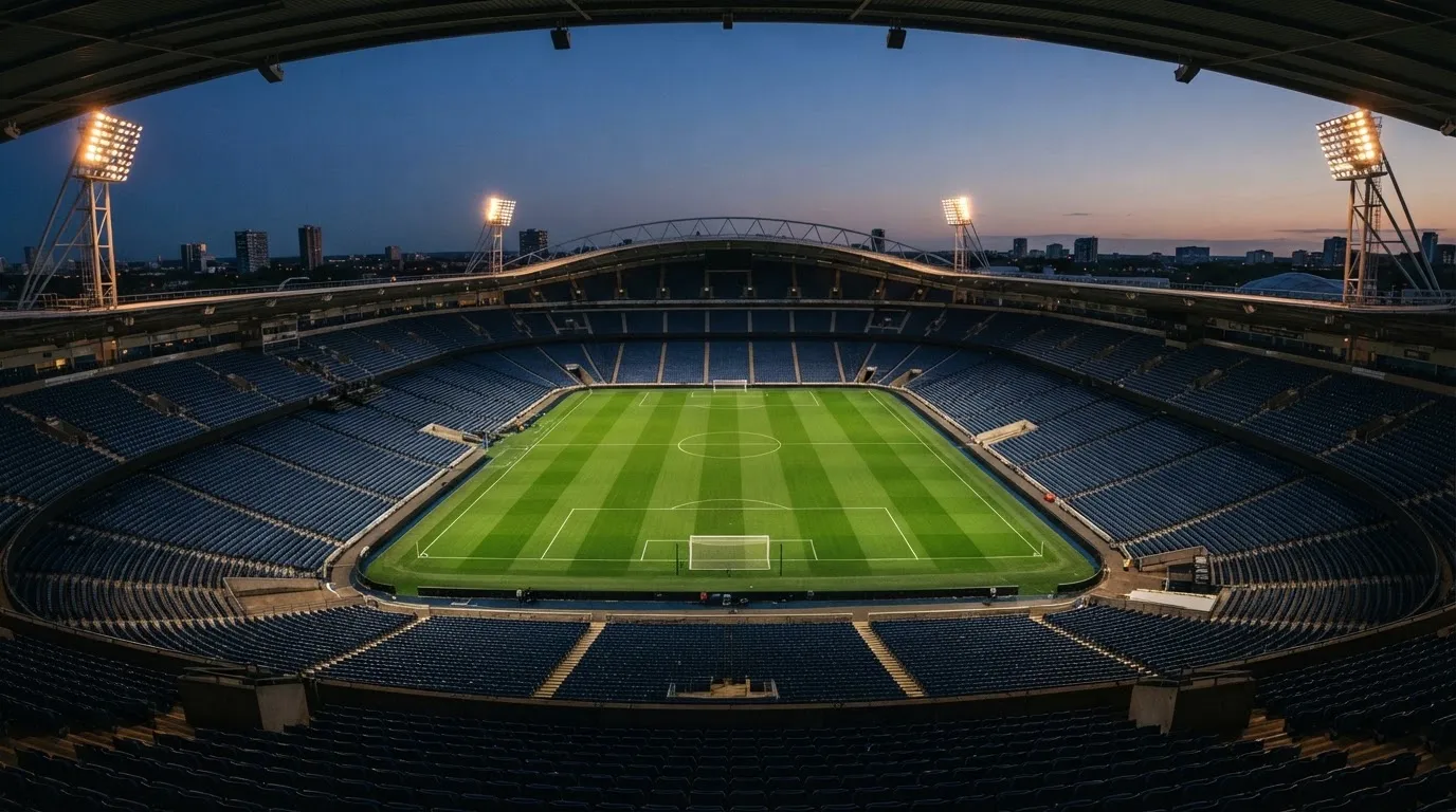 An empty football stadium with floodlight masts at dusk