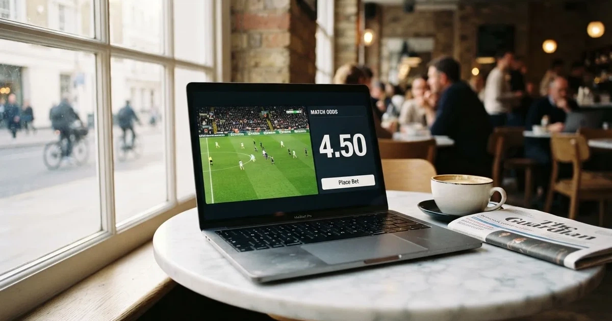 A laptop on a café table by a window onto the street