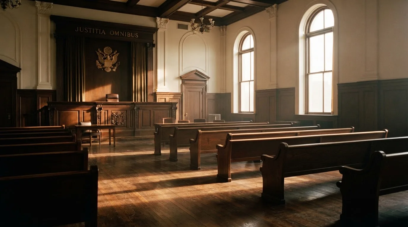 An empty courtroom with wooden benches in morning light