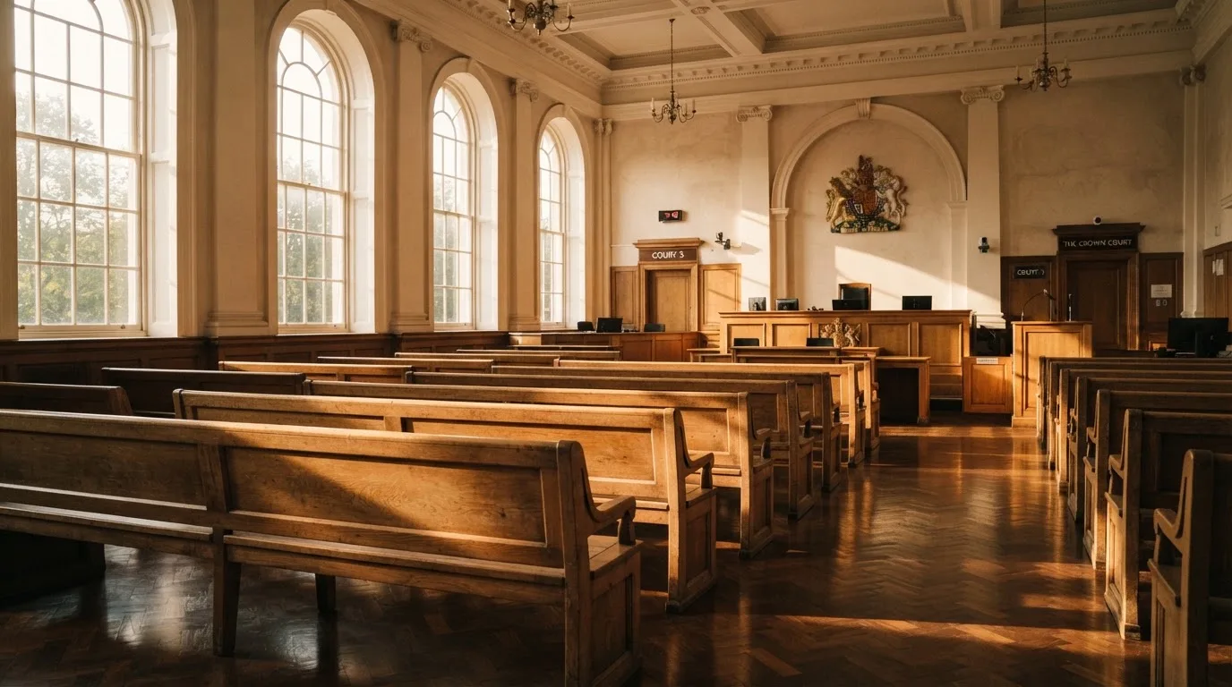 An empty courtroom with wooden benches in morning light