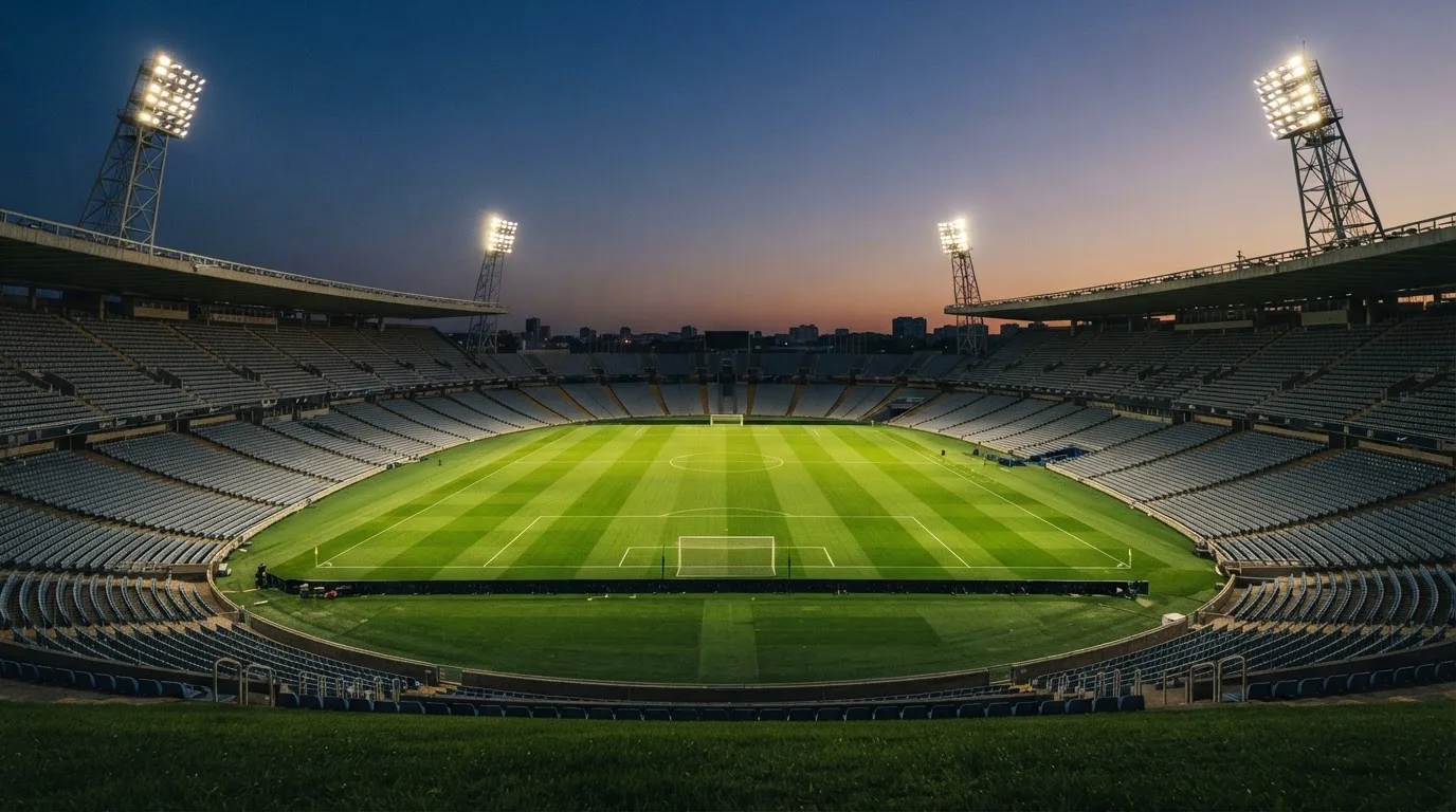 An empty football stadium with floodlight masts at dusk