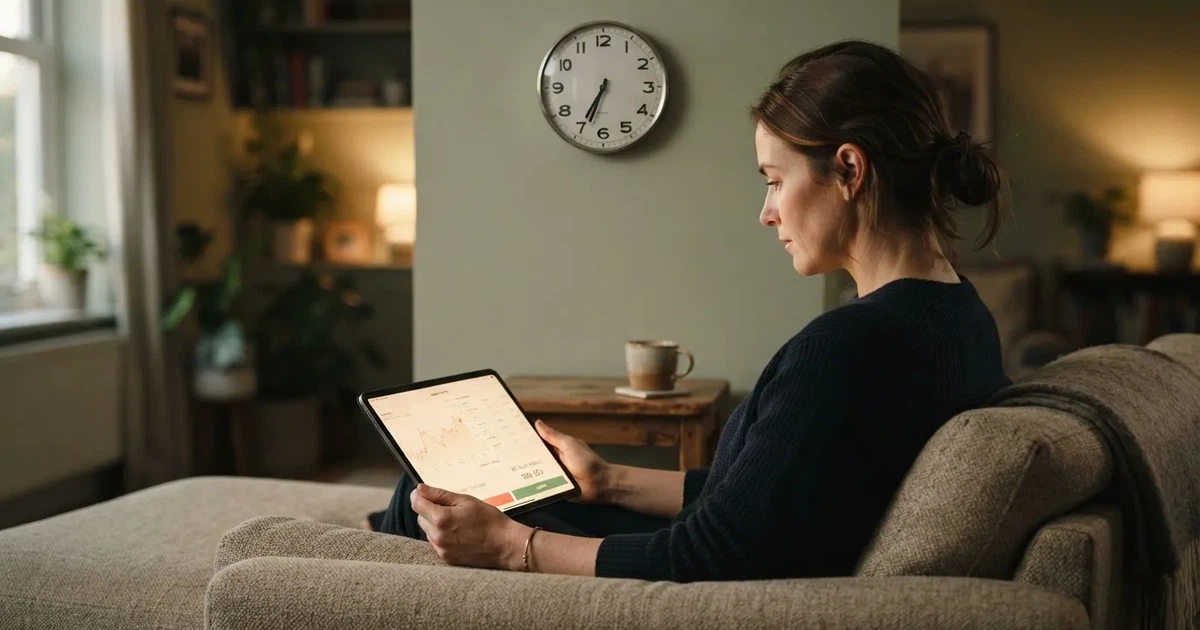 A person on a sofa looking thoughtfully at a tablet, a wall clock in the background