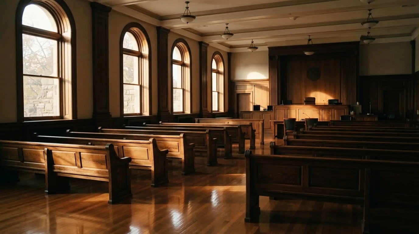An empty courtroom with wooden benches in morning light