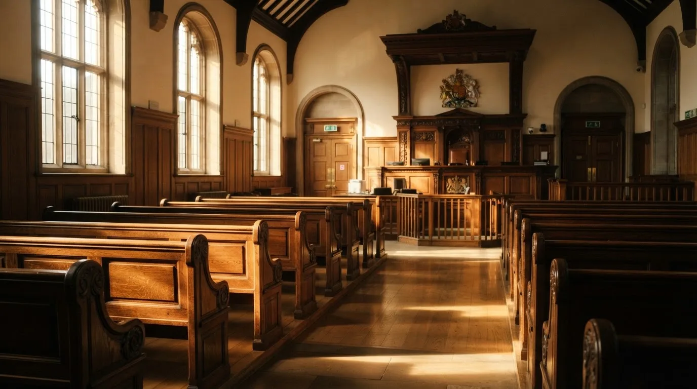 An empty courtroom with wooden benches in morning light