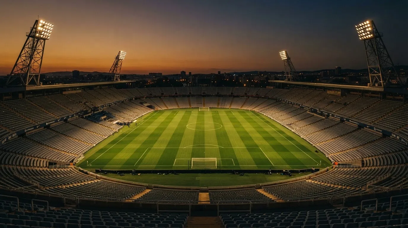 An empty football stadium with floodlight masts at dusk