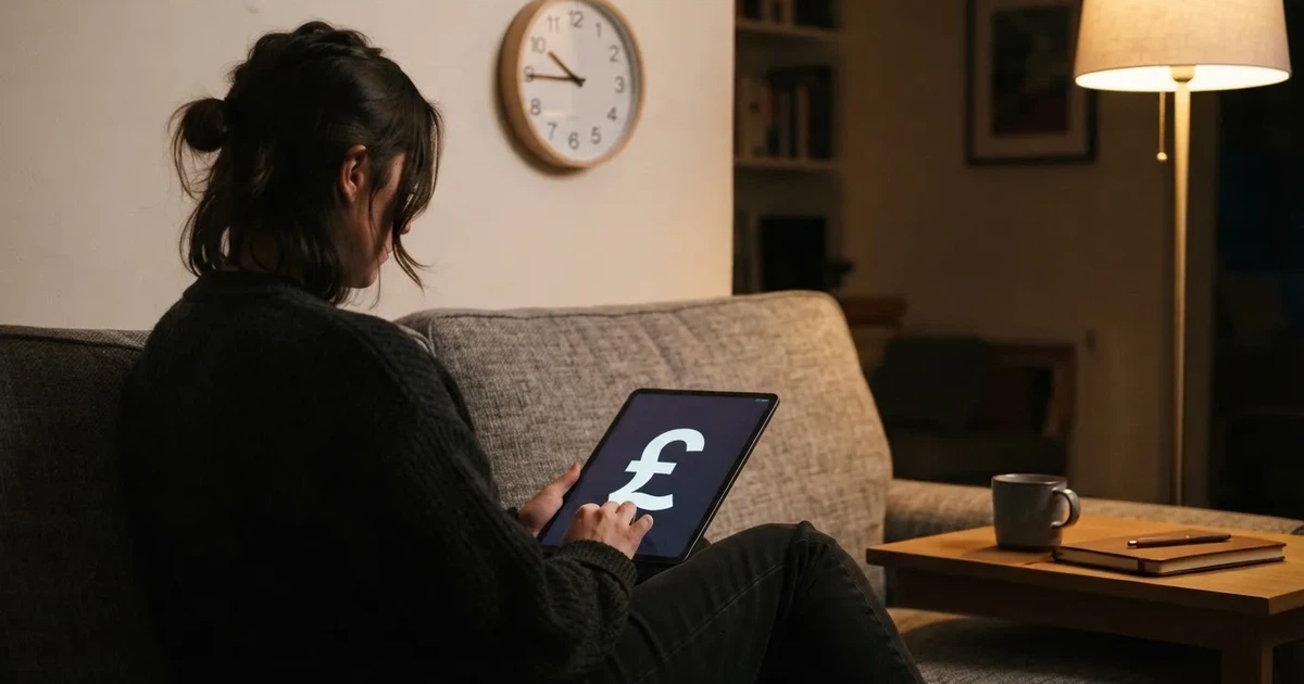 A person on a sofa looking thoughtfully at a tablet, a wall clock in the background