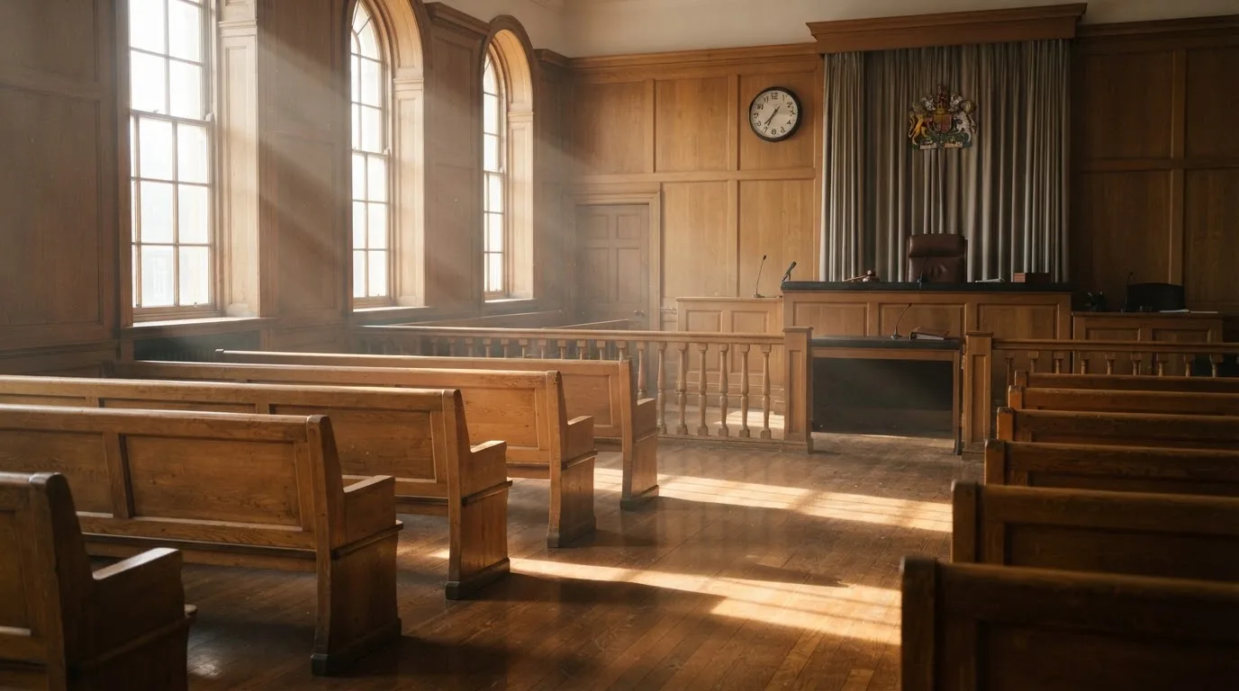 An empty courtroom with wooden benches in morning light