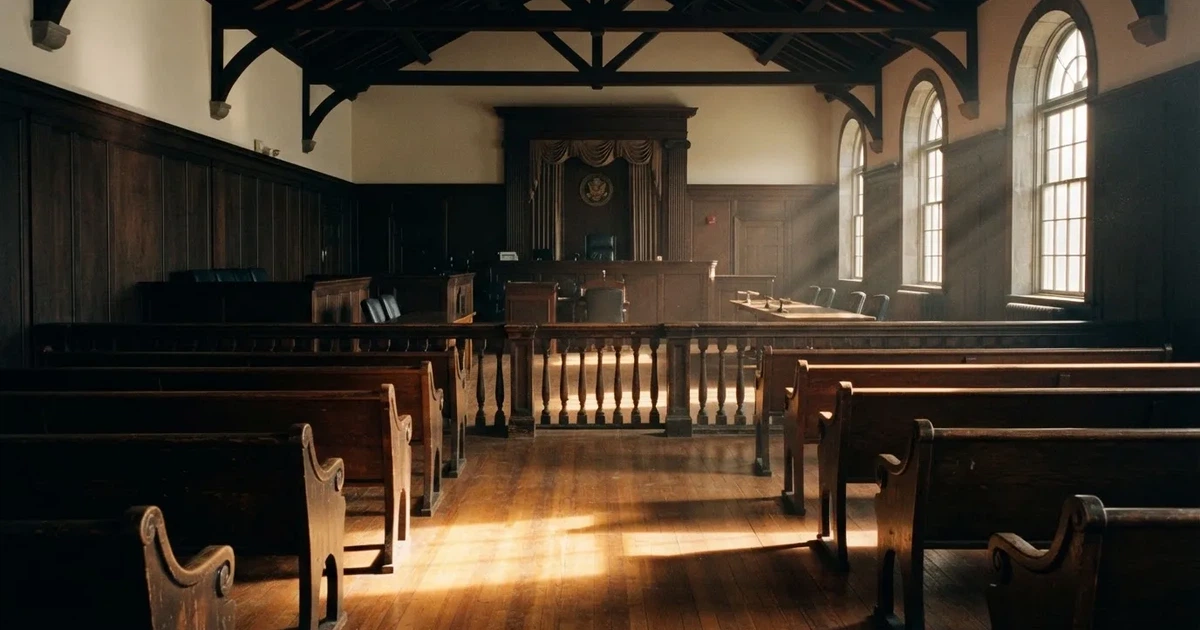 An empty courtroom with wooden benches in morning light