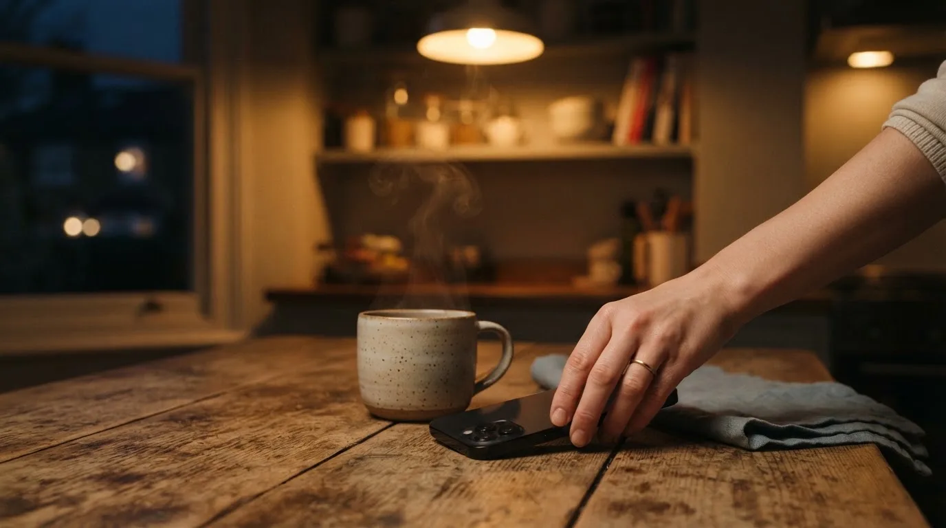 A hand setting a smartphone down beside a cup of tea on a kitchen table on a quiet evening