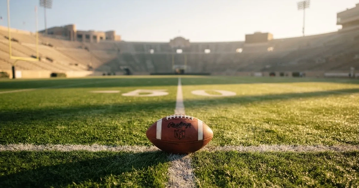 A ball on the centre spot of a grass pitch in morning light