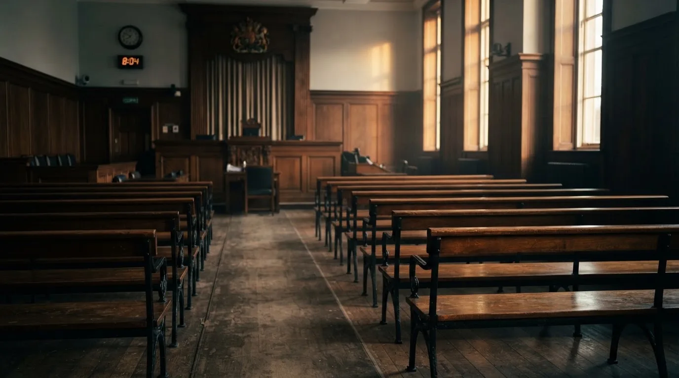 An empty courtroom with wooden benches in morning light