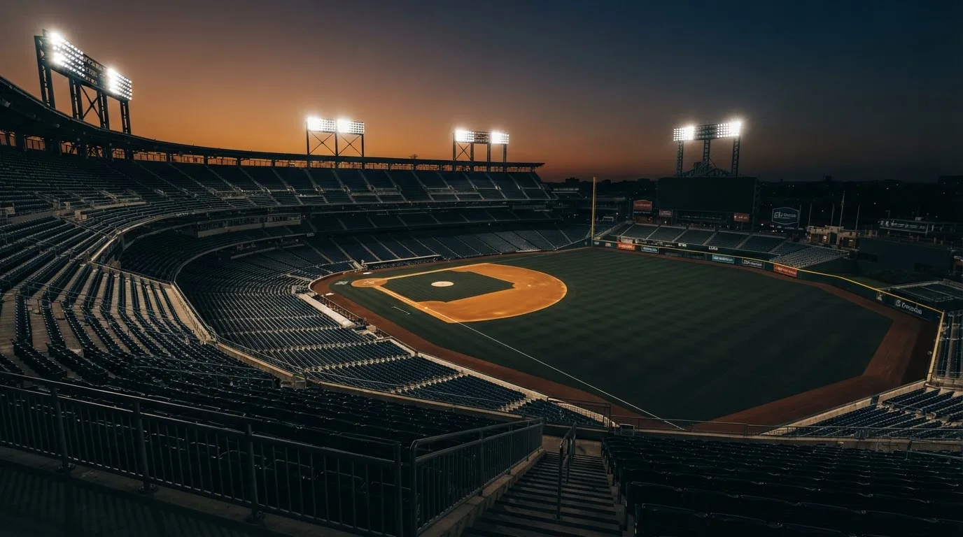An empty football stadium with floodlight masts at dusk