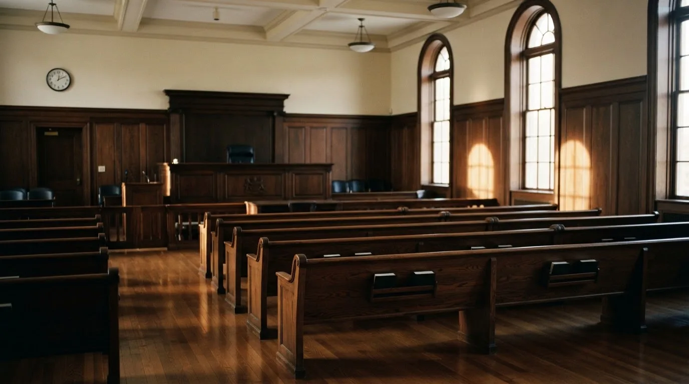 An empty courtroom with wooden benches in morning light