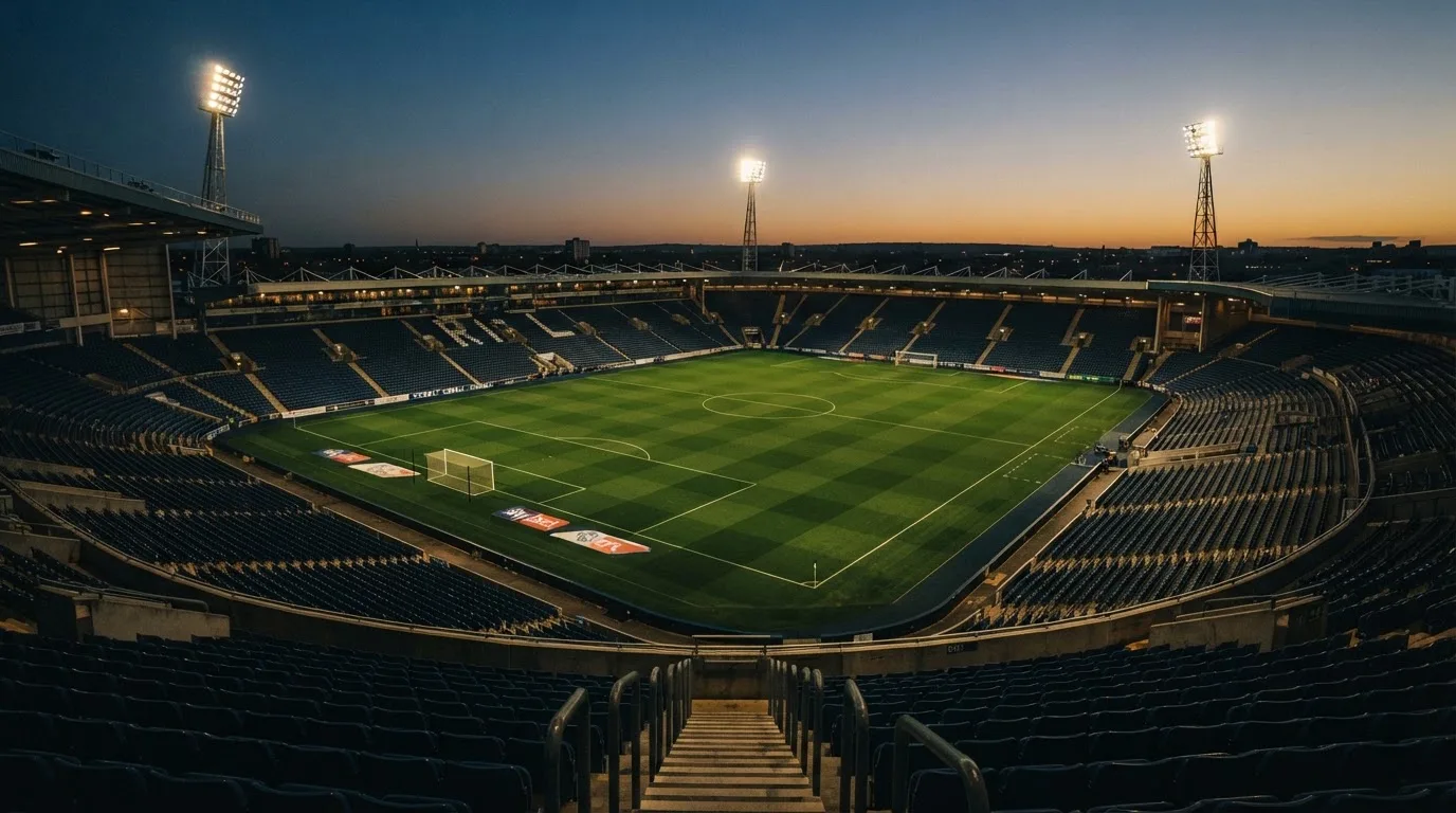 An empty football stadium with floodlight masts at dusk
