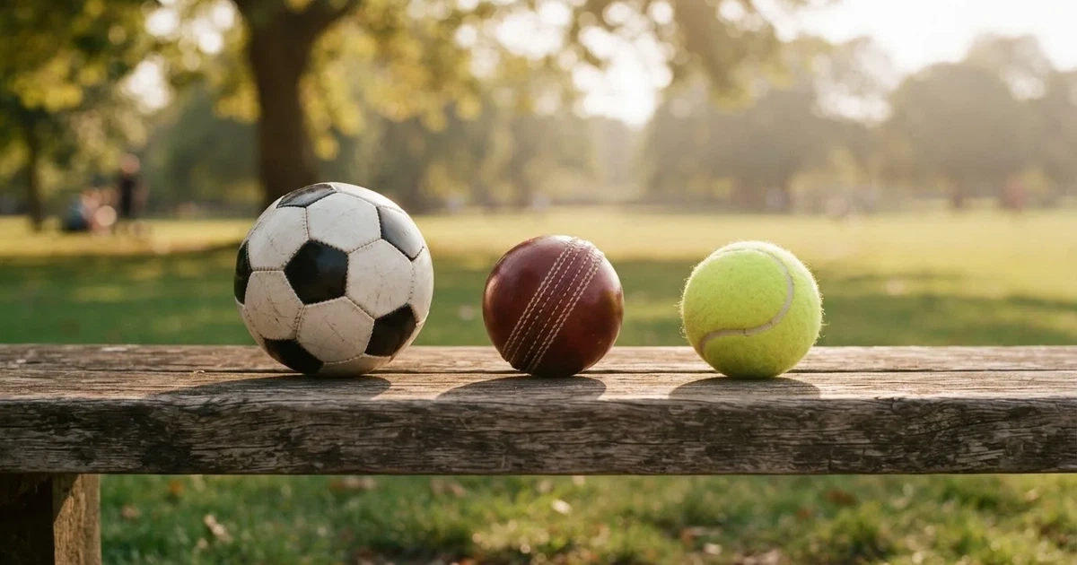 Three balls of different kinds side by side on a wooden bench