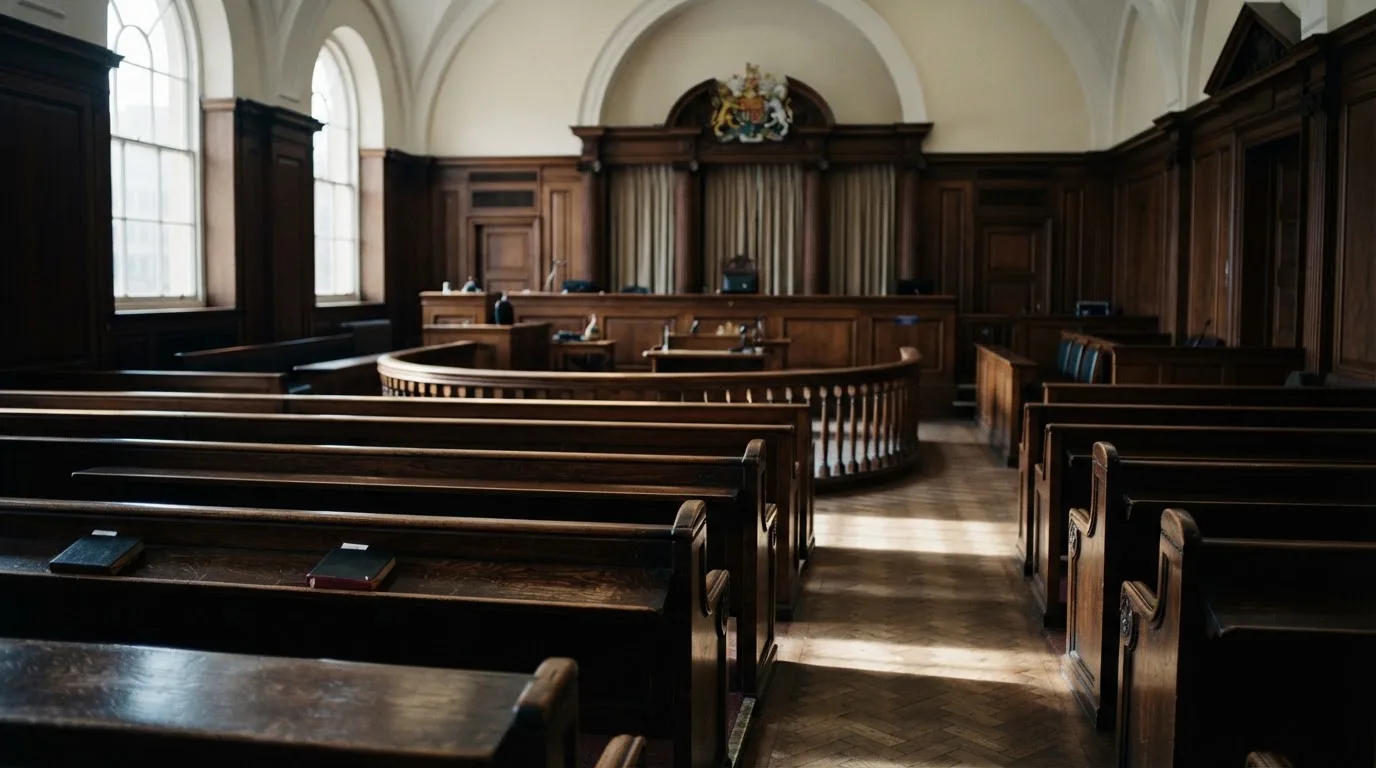 An empty courtroom with wooden benches in morning light