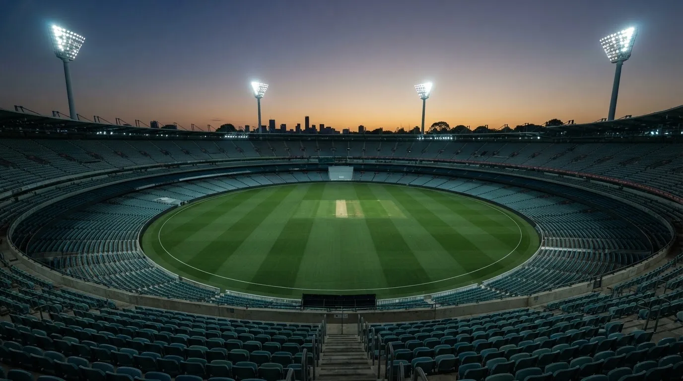 An empty football stadium with floodlight masts at dusk