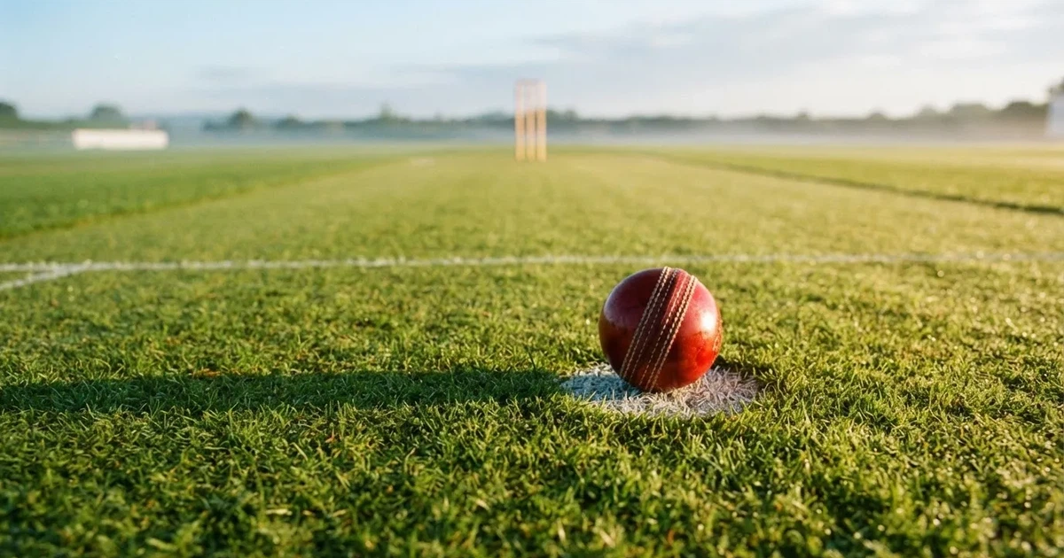 A ball on the centre spot of a grass pitch in morning light