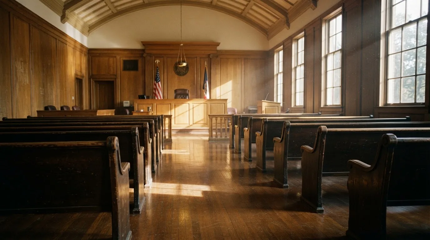 An empty courtroom with wooden benches in morning light