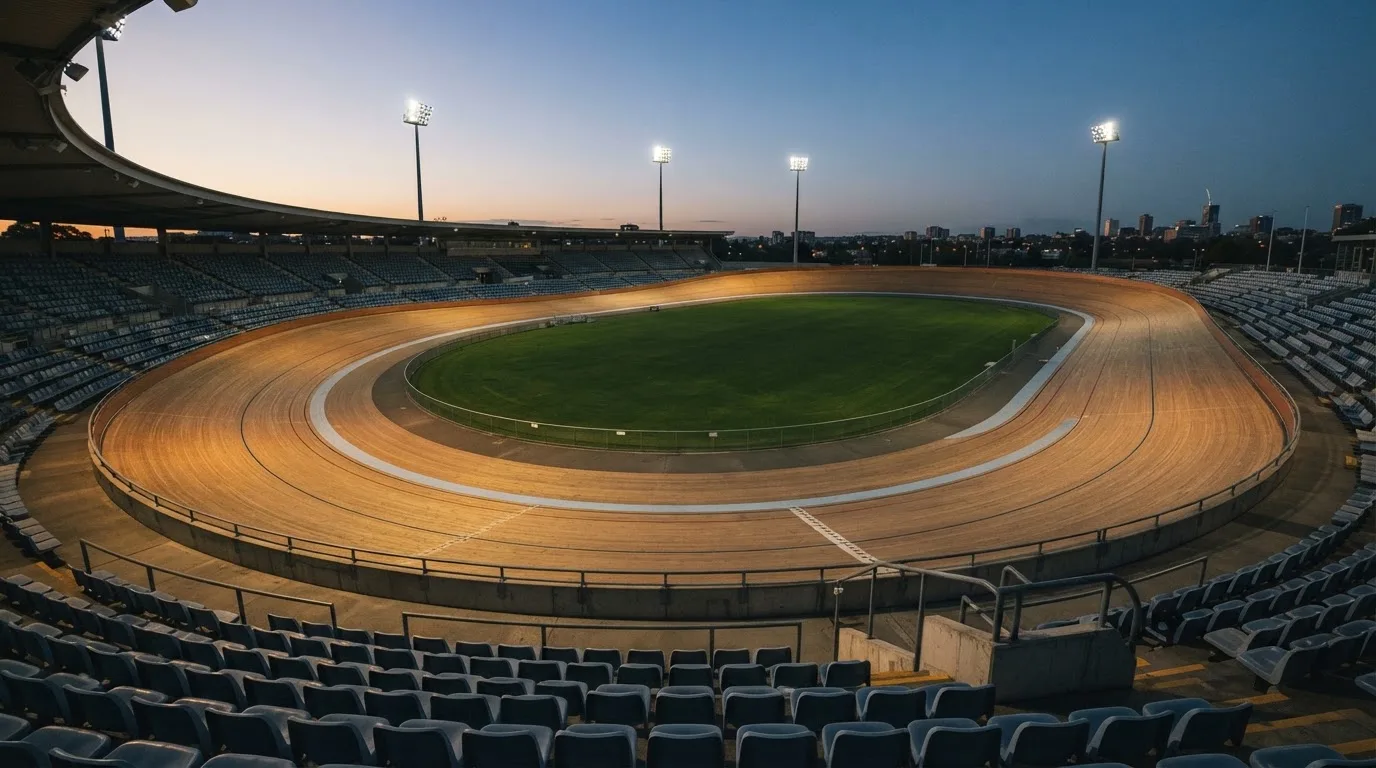 An empty football stadium with floodlight masts at dusk