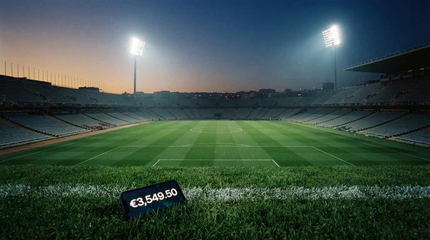 An empty football stadium with floodlight masts at dusk
