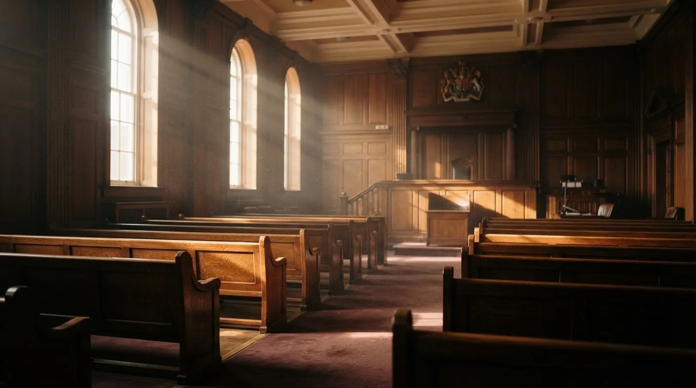 An empty courtroom with wooden benches in morning light