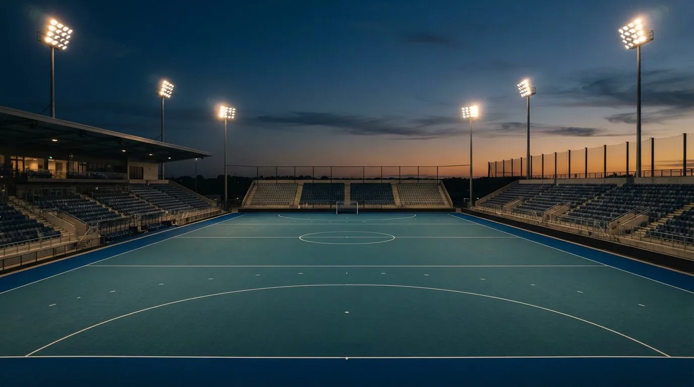 An empty football stadium with floodlight masts at dusk