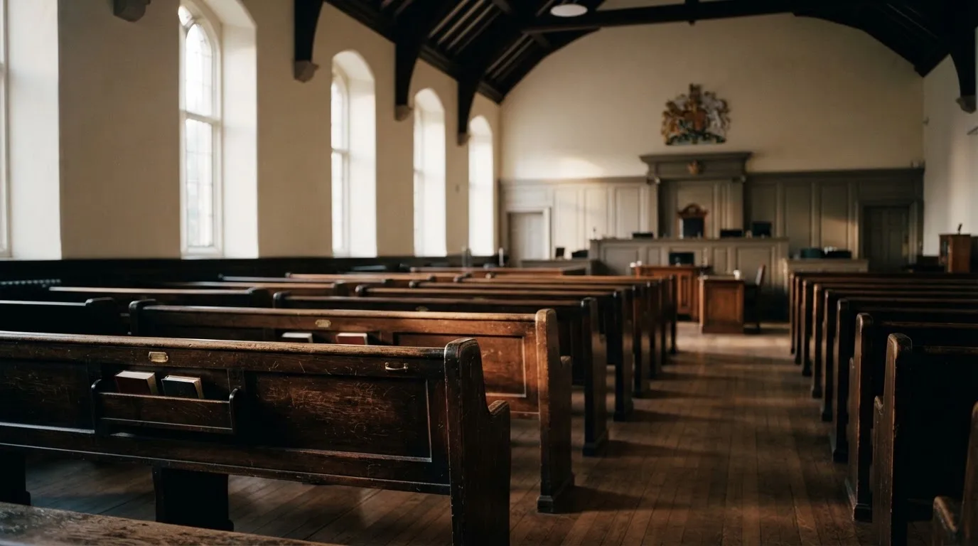 An empty courtroom with wooden benches in morning light