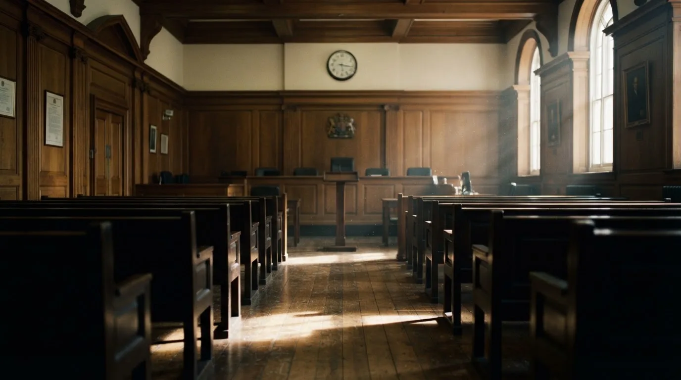 An empty courtroom with wooden benches in morning light