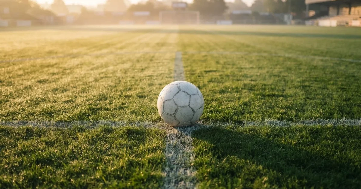 A ball on the centre spot of a grass pitch in morning light