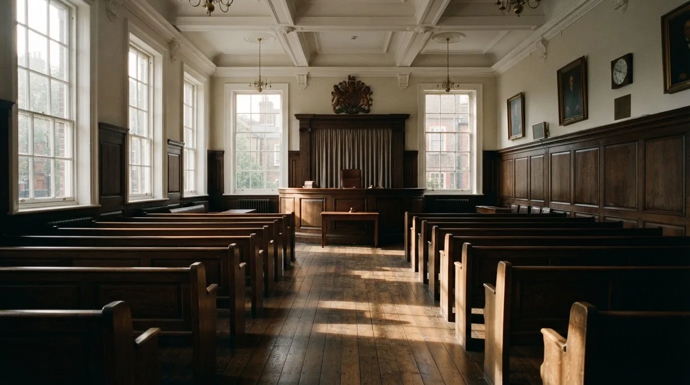 An empty courtroom with wooden benches in morning light