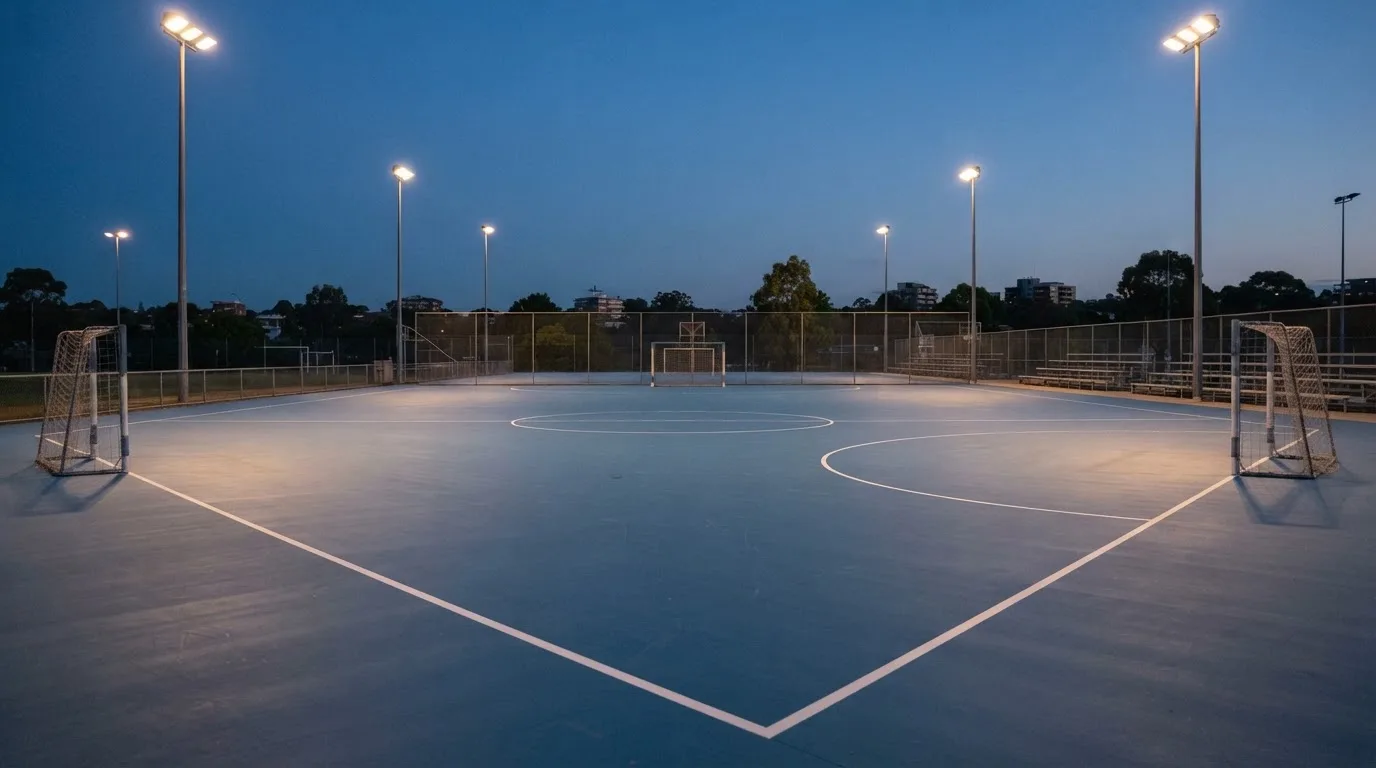 An empty football stadium with floodlight masts at dusk